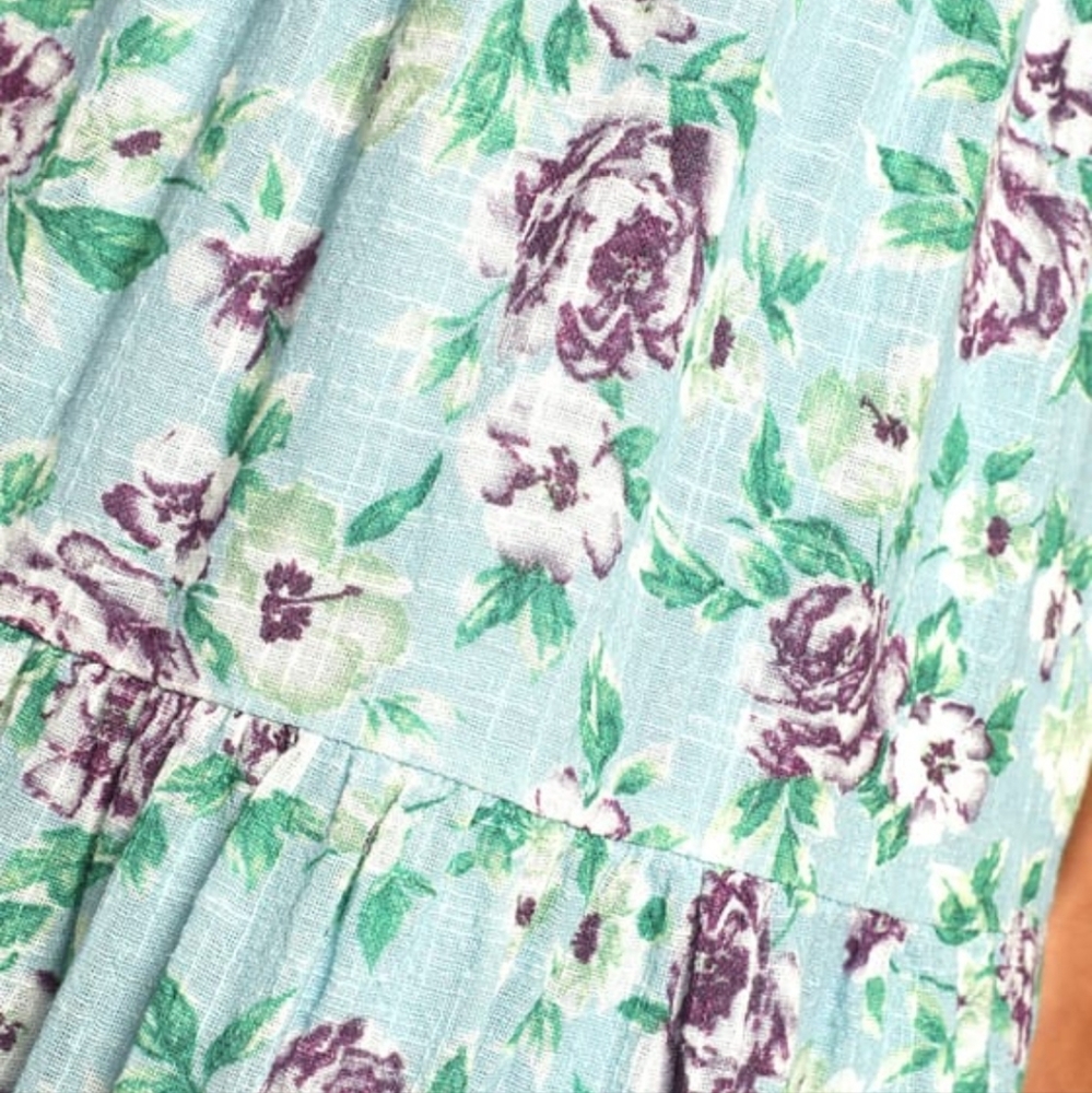 Lulu's Bliss Abound Bliss Baby Blue w/Purple Roses Ruffle Tiered Midi Dress - Picture 15 of 15
